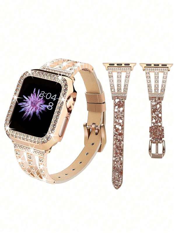 2 stuks Apple Watch-hoesje en bandset: hard materiaal frame ingelegd met glanzende kristallen strass-steentjes, krasbestendige en stootvaste Apple Watch-beschermhoes in roségoudkleur voor 38 mm, 40 mm, 41 mm, 42 mm, 44 mm, 45 mm, 46 mm, 49 mm; glitterleren Apple Watch-band in roségoud om de charme van vrouwen te vergroten, compatibel met Apple Watch Ultra 3, 2, 1, Series 10, SE, 9, 8, 7, 6, 5, 4, 3, 2, 1