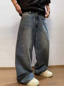 1pc Hearty Haven Casual Loose Fit American Street Style Men Denim Jacket - Dusty Blue - View 1