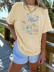 女孩和青少年学生休闲杏色印花圆领短袖 T 恤上衣，夏季