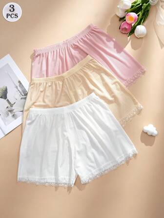 3 件套女式高腰蕾丝边安全短裤 - 轻盈、不透视夏季睡衣，透气涤纶和氨纶混纺，桃红色，撞色蕾丝细节