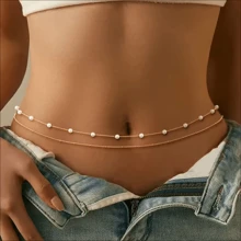 2Pcs Beach Waist Accessoris New Faux Pearl Waist Chain Women's Fashion Clip Faux Pearl Chain Sexy Body Chain Versatile Waist Accessories - Gold - View 1