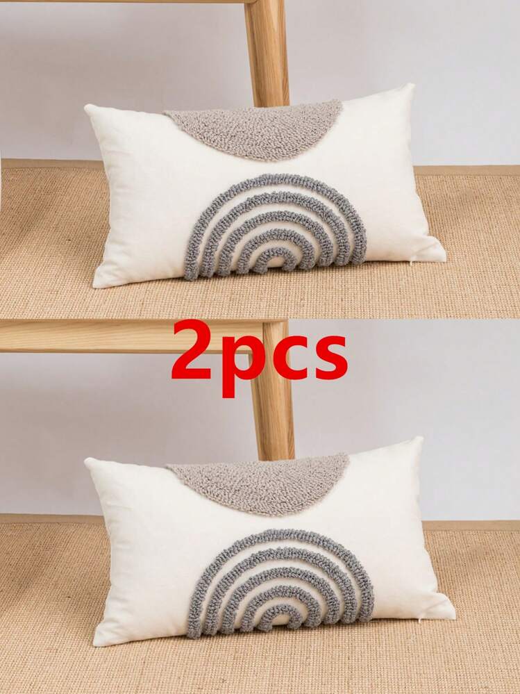 1個/2個セット セミサークル幾何学模様 ブラック&コーヒーカラー クッションカバー、キャンバス&ベルベット刺繍仕上げ スクエアクッションカバー ベッドルーム、リビングルーム、ソファ、ガーデンデコレーション用、30*50cm、45*45cm、50*50cm (中身なし) - グレー - 見る 21