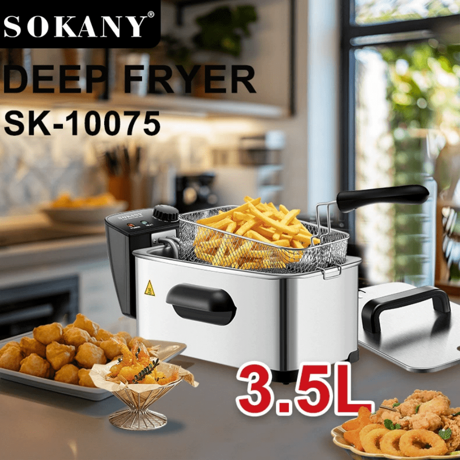 SOKANY Freidora profesional de restaurante, diseño moderno, freidora eléctrica de 2000 vatios de alta potencia, capacidad grande de 3.5 litros, material de acero inoxidable, se puede usar para uso comercial y doméstico, papas fritas, pollo, camarones y otros alimentos fritos, duradera, fácil de limpiar, utensilios de cocina