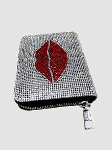 Carteira Curta Em Pu Com Strass Em Formato De Lábio, Porta-Cartões Com Zíper Cor Cobre, Mini Carteira Feminina 2 Em 1, Mini Carteira Estilo Ins Europeu E Americano, Vários Compartimentos Para Cartões, Porta-Moedas Para Festas, Carteira, Presente De Aniversário, Dia Dos Namorados E Natal. - Multicolorido - Ver 3
