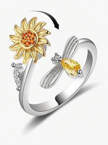 1 pezzo Elegante Anello rotante a fiore di girasole in zirconia cubica, anello girevole antistress per ragazze, regolabile, adatto per adolescenti, uso quotidiano e festival