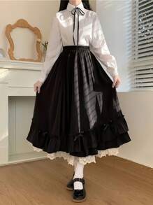 1pc Vintage Floral Lace Lolita High Waist Skirt, Preppy Aesthetic For Pairing With Shirts/T-Shirts Halloween - 彩色 - 查看 1