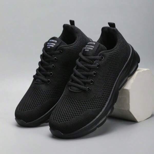 Men's Breathable Mesh Casual Travel Comfortable Black Sneakers, New Autumn Versatile Lightweight Soft Sole Running Shoes