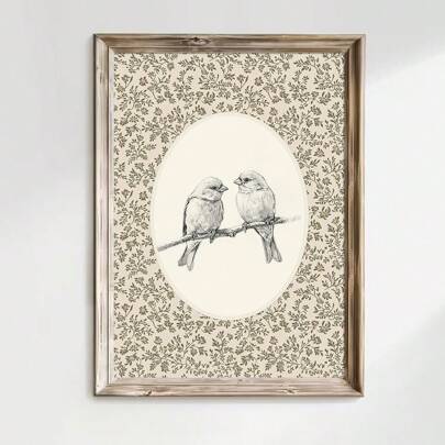 1pc Unframed/Framed Vintage Sparrow Bird Antique Floral Rustic Canvas Poster Wall Art Print Maximalist Cottage Farmhouse Decor Retro Painting For Dorm,Apartment,Living Room,Bedroom,Modern Home Decoration