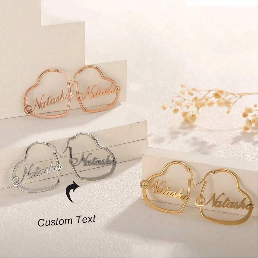 个性化名字心形环状耳环，定制耳环，女孩心形首字母耳钉，名字耳环，名字环状耳环银色 - 款式1 - 查看 1