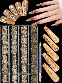 2026新款24格水晶水钻美甲套装 – 平底及异形宝石夏季设计 | 按压式美甲装饰套装 - 香檳色 - 查看 14