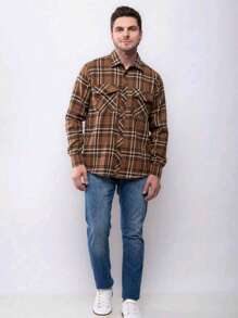 Men's Long Sleeve Plaid Flannel Shirt - 鏽棕色 - 查看 3