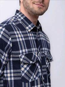 Men's Long Sleeve Plaid Flannel Shirt - 藏蓝色 - 查看 2