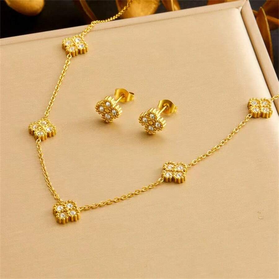Stainless Steel Rhinestone Inlaid Golden Flower Necklace And Earrings Set, Jewelry Set For Women/Girls, New , No Fading - Four-petal Flower Necklace + Earrings - View 1