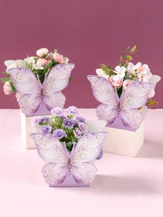 6个水彩紫色蝴蝶装饰礼盒，花朵纸盒，适用于生日、节日、婚礼、派对、房间、餐桌装饰，婴儿派对礼品包装用品，花朵纸盒，附赠双面胶带，生日派对用品，生日礼盒，生日装饰，派对装饰