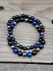 1pc Men's Triple Protection Bracelet , Tigers Eye, Hematite, Obsidian Protective And Grounding, Absorbs Negative Energies Beaded Jewelry Gifts For Women Men - Multicolor - View 4