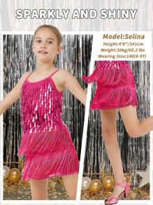 lontakids Lontakids Girls Sequin Fringe Party Dress Salsa Cha Cha Tassel Latin 2Pcs Dance Dress & Shorts Adjustable Spaghetti Strap 5-13 Yrs
