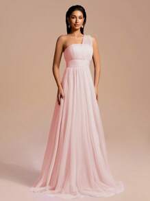 Elegant Maxi Asymmetric Shoulder Net Tulle Bridesmaid Dress, Formal Party Wedding Gown - Pink - View 6