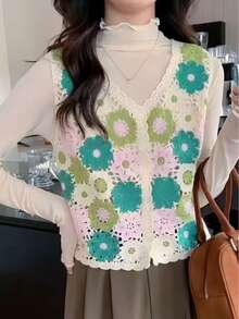 Colete de malha feminino retrô bordado com meio botão vazado e estampa floral em bloco de cores, estilo praia para férias