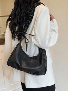 1pc Retro Solid Color Elegant Draped Asymmetric Shoulder Bag, Suitable For Women Daily Use & Gift - Black - View 5