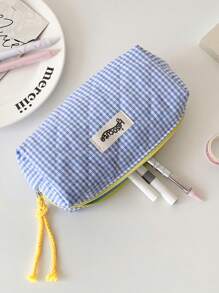 Estuche de lápices con diseño de color block y cuadros, estuche de lápices de diseño básico y suave para papelería, estudiantes, niñas, cosméticos y artículos varios, de vuelta a la escuela, útiles escolares, estuche de lápices, mochila escolar