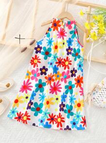 女童连衣裙，女童吊带裙，少女连衣裙，假日无袖沙滩装，假日彩色印花露肩梭织连衣裙，沙滩，春夏，适合派对，礼物 - 白色 - 查看 2