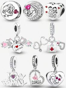 1 PC 925 Sterling Silver Family Heart Charm Bead Fit For Women Bracelets Bangles DIY Jewelry Making And Daily Outfit Matching Jewelry Decoration For Girls Valentines
