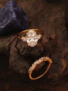 2pcs Set 925 Sterling Silver Oval Cubic Zirconia Inlaid Stacking Engagement Rings Bridal Wedding Jewelry Set - Gold - View 3