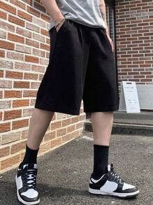 1 Pieza Pantalón corto casual liso para niño/adolescente, utilizable para actividades al aire libre, entrenamiento, uso diario, de largo hasta la rodilla