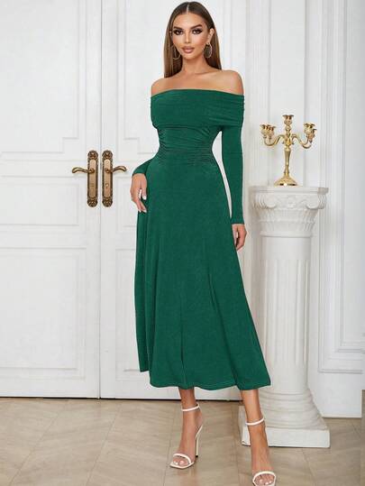 Minimalist Sexy Off Shoulder Ruffle Long Sleeve Slim Fit Dress
