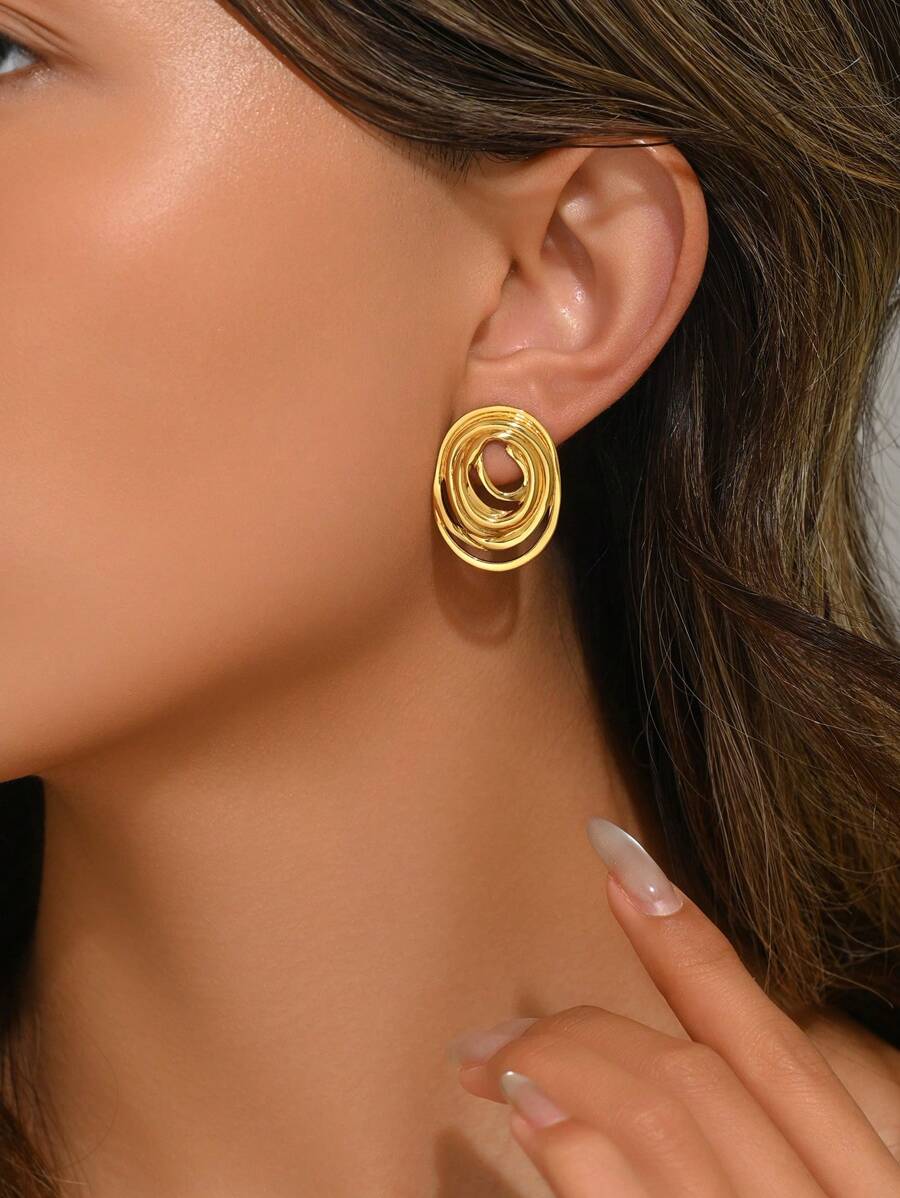 VceTd 1 Pair Minimalist Vintage Exaggerated Elliptical Spiral Line Design Stainless Steel Stud Earrings, Suitable For Women's Daily Fashion, Party Wear, Holiday Gift