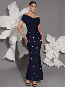Off Shoulder Handmade Beaded Bodycon Bandage Dress, Sexy & Fitted, Suitable For Family Gatherings, Parties, Banquets, Formal Occasions - Royal Blue - View 6