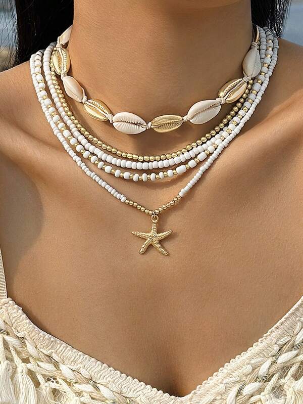 Set de 5 piezas de collar multicapa de estilo bohemio con concha, estrella de mar y abalorios de arroz