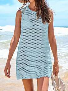 Womens Swimsuit Cover Up Sleeveless Knit 2025 Summer Outfits Swimwear Bathing Suit Coverup Crochet Backless Hollow-Out  Beach Dress - Màu xanh nhạt - Xem 3
