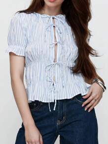 Women's Casual Comfort Blue & White Striped Pattern Round Neck Ruched Front Tie-Up Slit Hem Shirt Summer - Blue and White - View 2
