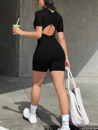 Casual Backside Hollow Design Versatile Short Bodycon Jumpsuit, Flattering Silhouette, New For Summer