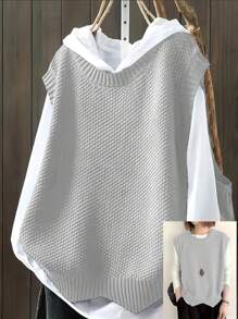 Plus Size Casual Solid Color Round Neck Knitted Sweater Vest