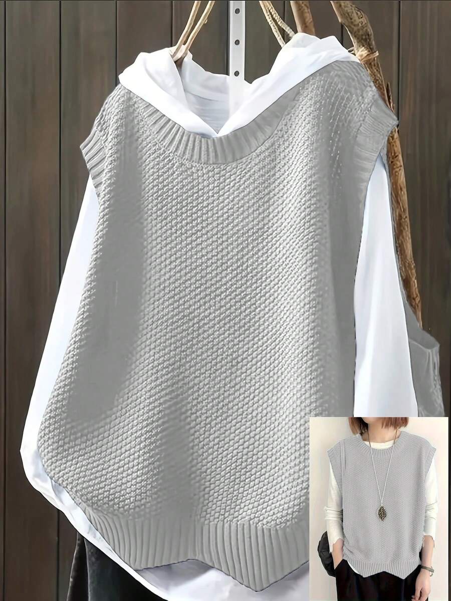 Plus Size Casual Solid Color Round Neck Knitted Sweater Vest