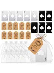 Bộ 40 dụng cụ khui chai hình lá bài Poker, bao gồm (5 dụng cụ khui chai hình Spade A màu đen + 5 dụng cụ khui chai màu bạc), 10 túi Organza, 10 thẻ cảm ơn, 10 dây thừng, dành cho phù rể, đám cưới, tiệc sinh nhật, quà tặng cô dâu - Nhiều màu - Xem 1