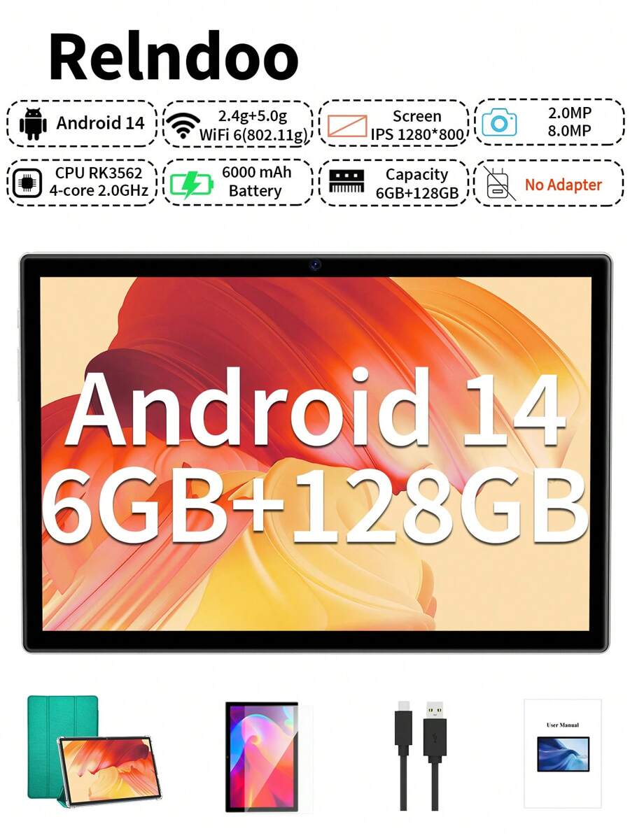Relndoo Android Tablet 2025 Newest, 10 Inch Android 14 Tablet With Case,(6GB+ 6GB)RAM+128GB ROM, RK3562 Quad-Core 2.0Ghz, 6000 MAh High-Capacity Battery, Type-C, 2MP+8MP Dual Cameras, 802.11n Wifi6 2.4G/5G Wireless, 1280*800px HD Touchscreen, 1TB SD Expansion, GPS, GMS Certified Tablet PC-Green - Green - View 1