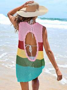 Womens Swimsuit Cover Up Sleeveless Knit 2025 Summer Outfits Swimwear Bathing Suit Coverup Crochet Backless Hollow-Out  Beach Dress - 彩色 - 查看 2
