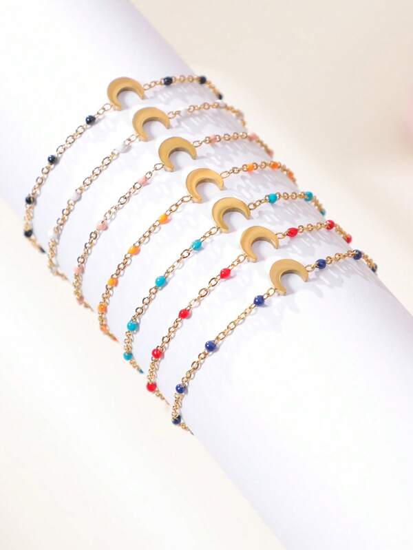 1 pièce Bracelet en acier au titane avec perles de forme géométrique de lune, électroplaqué, quantité de perles aléatoire