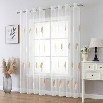 2pcs Semi-Transparent Embroidered Sheer Curtains, Lightweight & Quick-Drying With Rings, Dual-Colored Leaf Pattern, Countryside Style, Suitable For Bedroom, Living Room, Study, Balcony And Partition Curtains