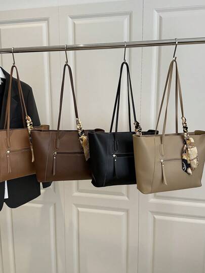 时尚简约纯色字母印花单肩手提包配围巾，适合购物、钱包、逛街、年轻女性、大学生、新人、白领。非常适合办公室、大学、工作、商务、通勤、户外活动、旅行和郊游