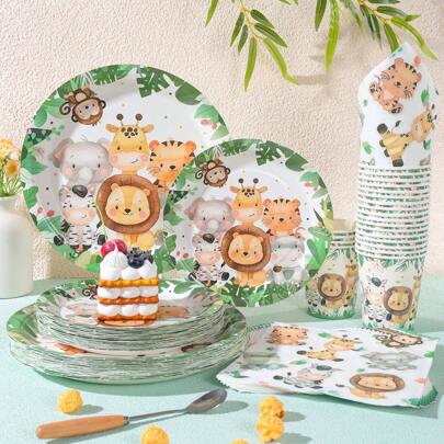 Juego de vajilla desechable con tema animal, platos, servilletas y vasos de 7/9 pulgadas, adecuado para fiestas de cumpleaños, reuniones y decoraciones, platos, servilletas y vasos de papel desechables, decoración de fiesta para fiestas con temática de cumpleaños