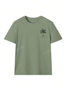 Damen Frühling und Sommer neue Palme Schriftzug Muster Alltag Lässig Rundhals Kurzarm T-Shirt, modischer Urlaubsstil, Ihr tägliches Essential. Grafik T-Shirts Frauen Weißes Top Schwarzes Top Rosa Top Urlaubsoutfits Frauen