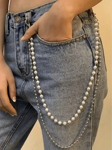 1pc Double Layer Fashion Faux Pearl Pants Chain, Minimalist & Practical Multi-Functional Summer, School Fall, Autumn, Halloween - White - View 8