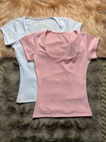 KIT 2 BABY LOOK PREMIUM BLOUSE WITH SQUARE COLLAR SHORT SLEEVE BLOGGER FASHION. - 白色和淡粉紅色 - 查看 1