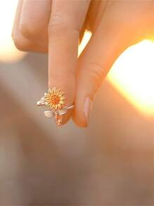 1 pezzo Elegante Anello rotante a fiore di girasole in zirconia cubica, anello girevole antistress per ragazze, regolabile, adatto per adolescenti, uso quotidiano e festival