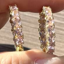 2 件粉红钻石耳环，粉色大环耳环，铜方晶锆石钻石耳钉，高端华丽耳环 - 圈圈 - 查看 2