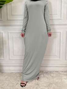Ramadan Round Neck Casual Solid Color Maxi Loose Flowy Fit Abaya Dress, Minimalist Style Long Sleeve Robe, Suitable For Spring Summer Autumn, Modest - Grey - View 4